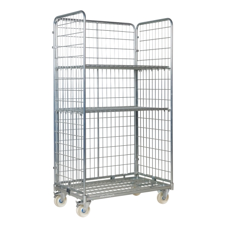 Vista de 3/4 del roll container 3 lados 1000 mm ruedas de nylon con 2 estantes Vista de 3/4 del roll container 3 lados 1000 mm ruedas de nylon con 2 estantes