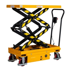 Vista delantera de 3/4 de la mesa elevadora móvil eléctrica 500kg con tijeras medio-altas