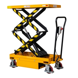 Vista trasera de 3/4 de la mesa elevadora móvil eléctrica 500kg con tijeras medio-altas