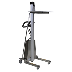 Apilador inox posicionador trabajo semi-eléctrico 150kg - vista trasera de 3/4 - plataforma alta