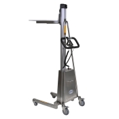 Apilador inox posicionador trabajo semi-eléctrico 150kg - vista delantera de 3/4 - plataforma alta