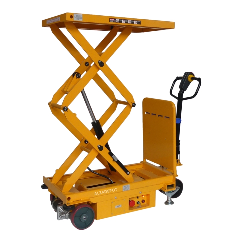 Vista delantera de 3/4 de la mesa elevadora eléctrica doble tijera móvil 500kg - plataforma alta