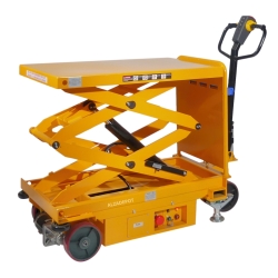 Vista delantera de 3/4 de la mesa elevadora eléctrica doble tijera móvil 500kg - plataforma medio-alta