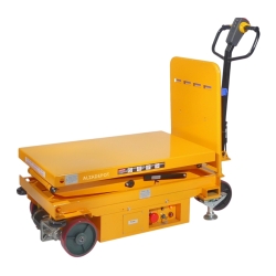 Vista delantera de 3/4 de la mesa elevadora eléctrica doble tijera móvil 500kg - plataforma baja