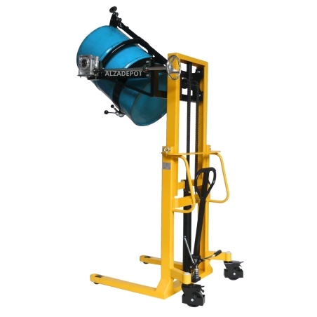 Vista general del Apilador volteador de barriles extra bajo 350 kg – elevación 1500 mm con bidón en posición horizontal Vista general del Apilador volteador de barriles extra bajo 350 kg – elevación 1500 mm con bidón en posición horizontal