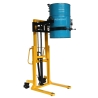 Vista en 3/4 del Apilador volteador de barriles extra bajo 350 kg – elevación 1500 mm con un bidón