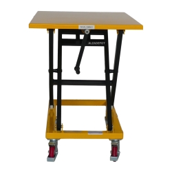 Vista frontal de la mesa elevadora manivela 300kg plataforma 1150x750 mm - posición alta