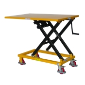 Vista delantera de 3/4 de la mesa elevadora manivela 300kg plataforma 1150x750 mm - posición alta