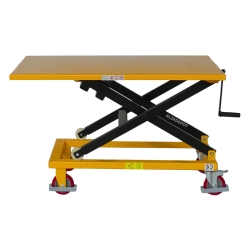 Vista lateral de la mesa elevadora manivela 300kg plataforma 1150x750 mm - posición medio-alta