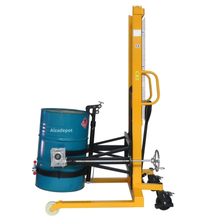 Vista lateral del Apilador volteador de barril 450 kg - elevación 1600 mm - Horquillas ajustables