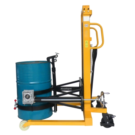 Vista lateral del Apilador basculante de barril 450 kg elevación 2100 mm - uñas ajustables