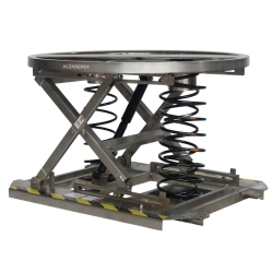 Vista desde 3/4 de la mesa elevadora giratoria inox 304 plataforma abierta