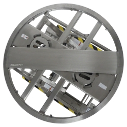 Vista desde abajo de la mesa elevadora giratoria inox 304 plataforma abierta