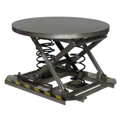 Vista desde 3/4 de la mesa elevadora giratoria inox con plataforma cerrada