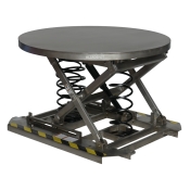 Vista desde 3/4 de la mesa elevadora giratoria inox con plataforma cerrada