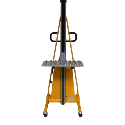 Vista frontal plataforma de transferencia con rodillos de bolas para apilador de puesto de trabajo