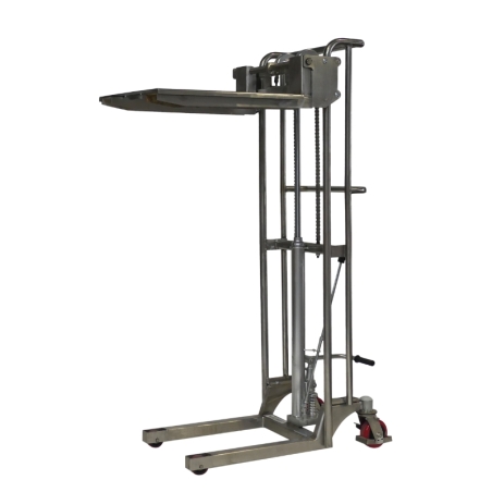 Vista en diagonal del Mini apilador manual inox 400 kg - elevación 1500 mm de las horquillas Vista en diagonal del Mini apilador manual inox 400 kg - elevación 1500 mm de las horquillas