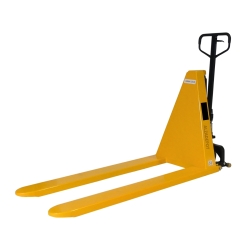 Vista en 3/4 de la transpaleta elevadora manual ancha monocilíndrica 1000 kg - Horquillas 1500mm