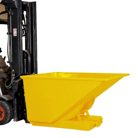 Vista 3/4  con carretilla del contenedor autobasculante amarillo - 900 litros