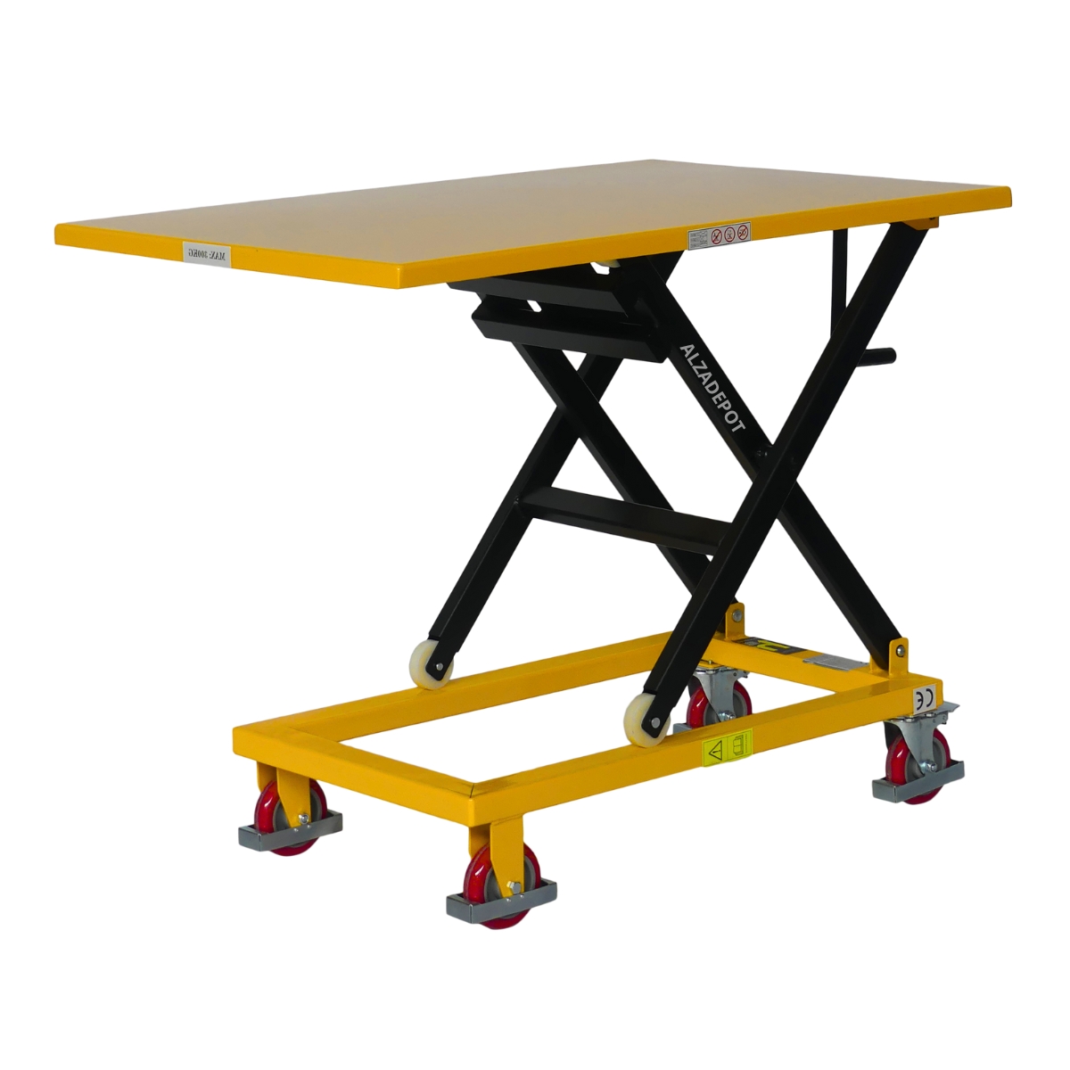 Vista desde 3/4 de la mesa elevadora con manivela 300kg plataforma 1150x750mm
